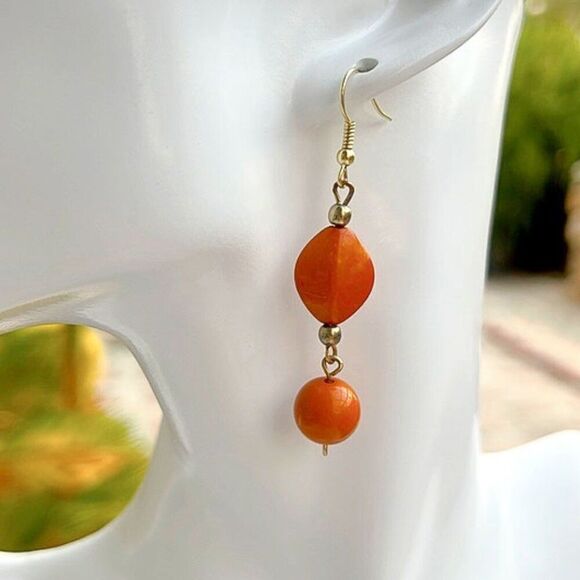 Burnt Orange Bead Dangle Earrings - Picture 6 of 6